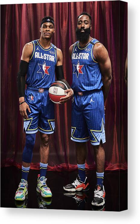 Russell Westbrook #2 Canvas Print featuring the photograph Russell Westbrook and James Harden by Jennifer Pottheiser
