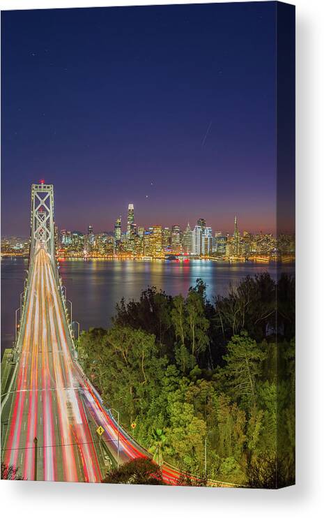 Bay Area Canvas Print featuring the photograph San Francisco Bay Bridge Nightscape Portrait by Scott McGuire