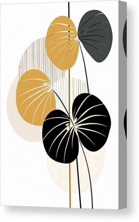 Modern Tropical Leaves Canvas Print featuring the painting Sandy Tan Serenity - Black and Gold Leaves in Modern Boho Style by Lourry Legarde