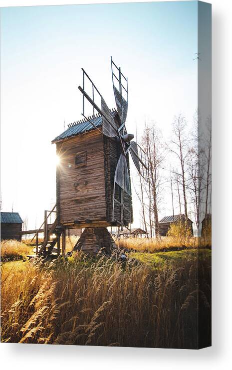 Medieval Canvas Print featuring the photograph Small wooden mill with beautiful sun star by Vaclav Sonnek