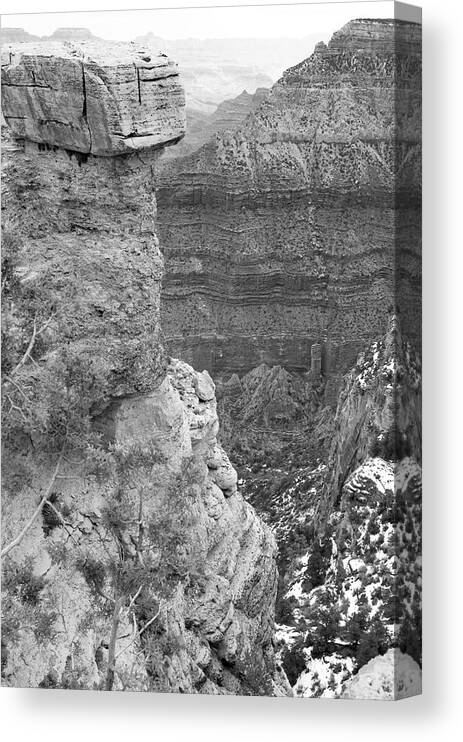 Black And White Grand Canyon Snow Canvas Print featuring the photograph Snow in the Grand Canyon BW by Bob Pardue