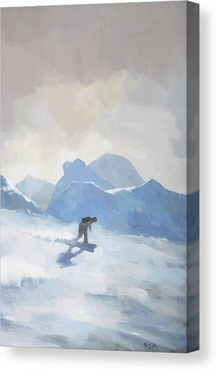 Snowboarder Canvas Print featuring the painting Snowboarding at Les Arcs by Steve Mitchell