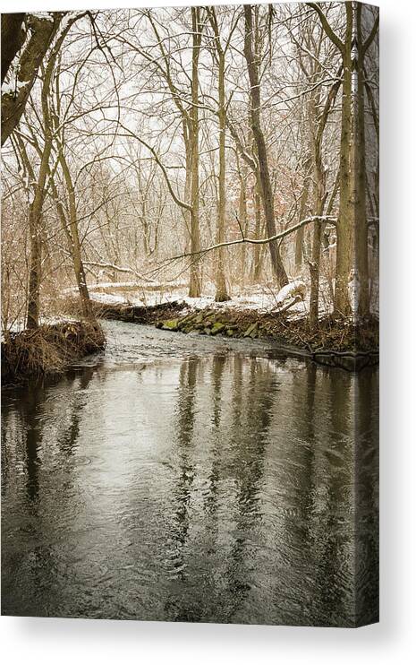 Blackwell Forest Preserve Canvas Print featuring the photograph Snowy Midwest Stream Portrait by Joni Eskridge