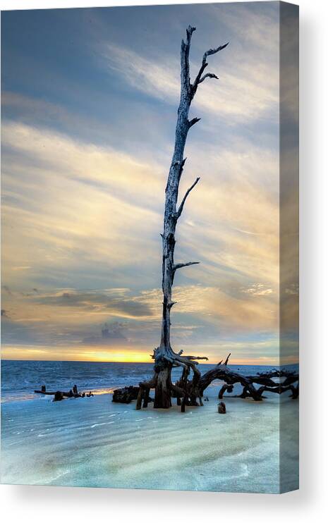 Clouds Canvas Print featuring the photograph Standing Tall at Low Tide Jekyll Island Sunrise by Debra and Dave Vanderlaan