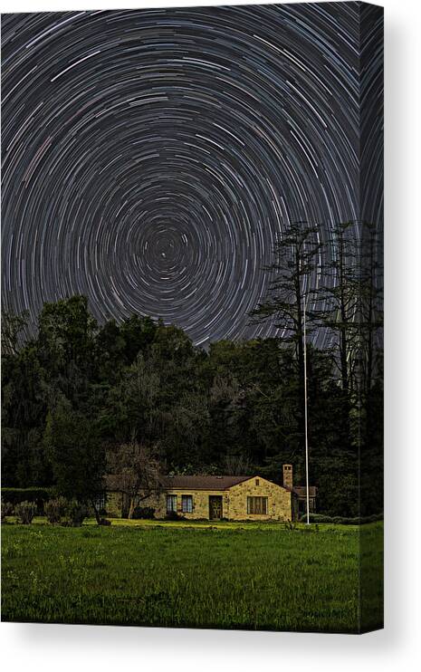 Star Trails Canvas Print featuring the photograph Star Trails Over Stone House by Lindsay Thomson