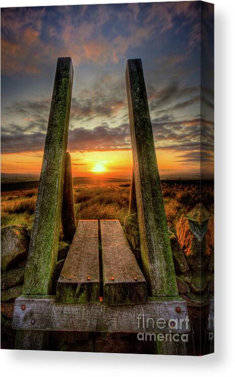 England Canvas Print featuring the photograph Stile To Sunset, Elslack Moor by Tom Holmes Photography