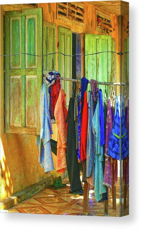 Clothes Canvas Print featuring the photograph Window doors with hanging clothes, Vietnam by Robert Bociaga