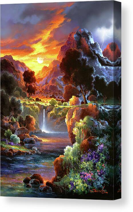 Waterfall Canvas Print featuring the painting Sunset Falls by James Lee