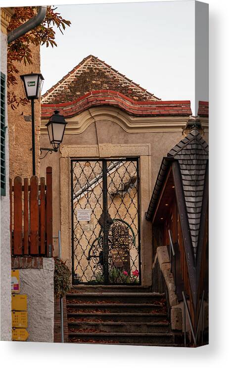  Canvas Print featuring the photograph Sunset Walks In Durnstein. Forged Gates by Jenny Rainbow
