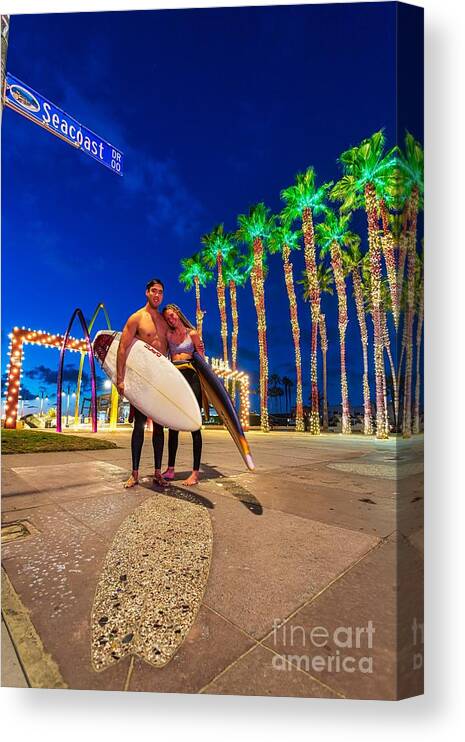 Christmas Ornament Canvas Print featuring the photograph Surfers at the Imperial Beach Pier by Sam Antonio