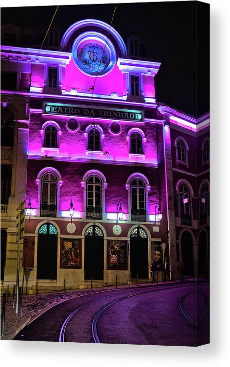 Lisbon Canvas Print featuring the photograph Teatro da Trindade at Night in Lisbon by Angelo DeVal