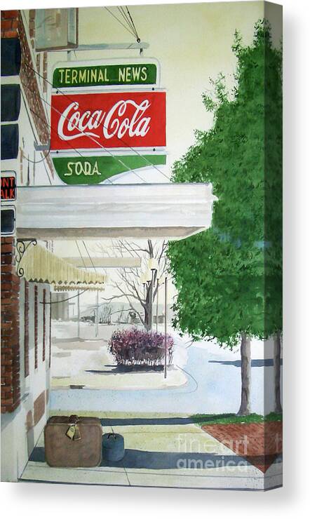 A Coca Cola Sign Hangs Outside The Bus Station In Coffeyville Canvas Print featuring the painting Terminal News by Monte Toon