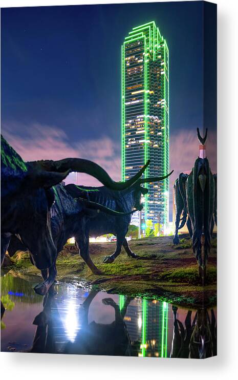 Dallas Skyline Art Canvas Print featuring the photograph Texas Longhorn Cattle Drive at Dallas Pioneer Plaza by Gregory Ballos