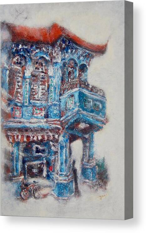 Oil Painting Canvas Print featuring the painting The Blue Shophouse by HweeYen Ong