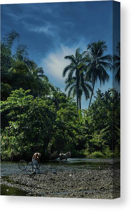 Fix The Bike Canvas Print featuring the photograph The days flow on the river by Micah Offman