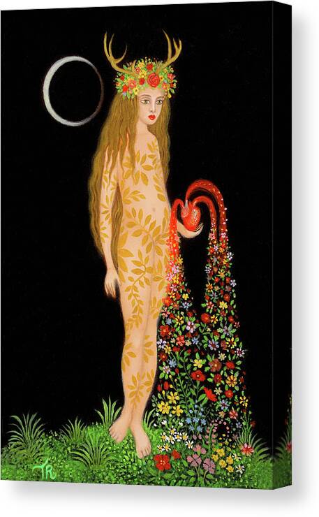 A Portrait Of A Goddess Of Nature In A Garden Holding A Heart Which Gives Birth To Flowers Canvas Print featuring the painting The Forest Healer by Tino Rodriguez