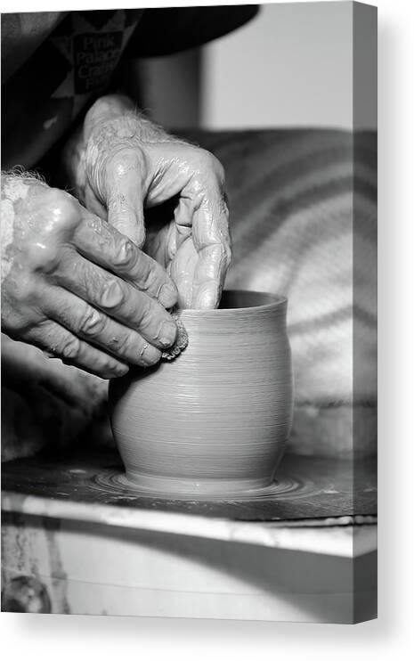 Ceramic Canvas Print featuring the photograph The Potter's Hands bw by Lens Art Photography By Larry Trager