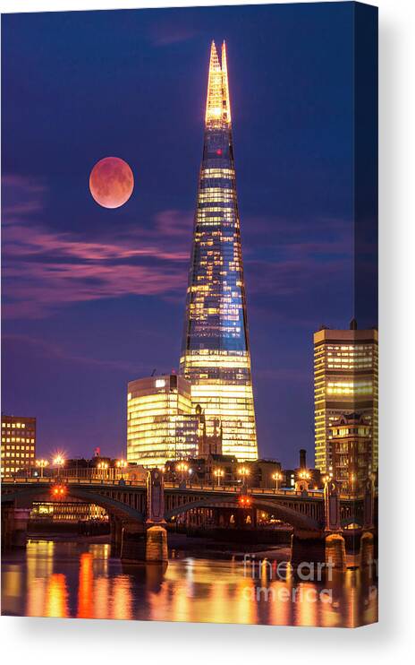 London Canvas Print featuring the photograph The Shard and red moon, London by Neale And Judith Clark
