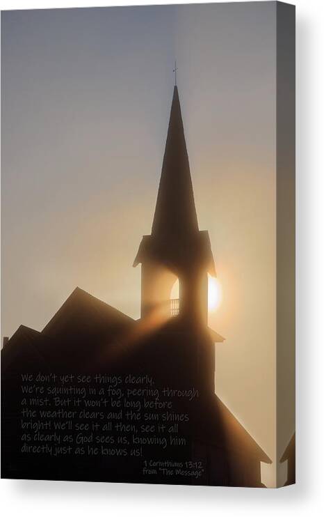 Steeple Bell Sun Lutheran Church Abandoned Nd Light Beams Fog Vertical Rays Canvas Print featuring the photograph The Son's Lighthouse - sun rays in fog through church steeple with bible verse by Peter Herman