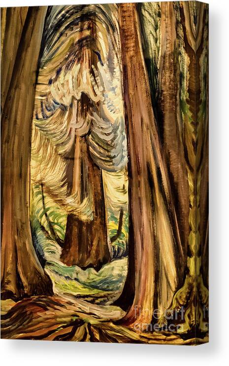 Three Cedar Trunks Canvas Print featuring the painting Three Cedar Trunks by Emily Carr 1937 by Emily Carr