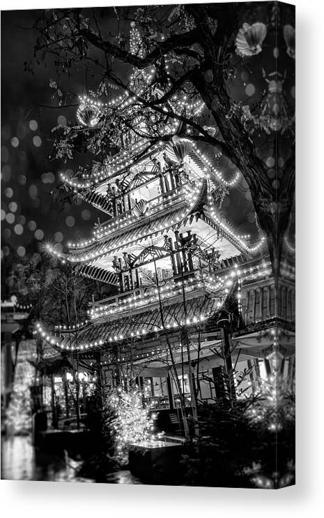 Tivoli Canvas Print featuring the photograph Tivoli Gardens Copenhagen Pagoda Black and White by Carol Japp