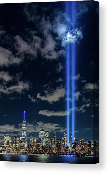 America Canvas Print featuring the photograph Tribute In Lights From Liberty State Park by Kristia Adams