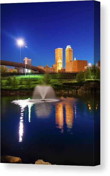 Tulsa Skyline Canvas Print featuring the photograph Tulsa Oklahoma at Dawn - Centennial Park View by Gregory Ballos