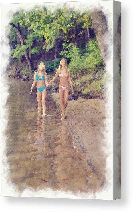 Two Canvas Print featuring the photograph Two Beautiful young ladies walking along shoreline in swim suits paintography by Dan Friend