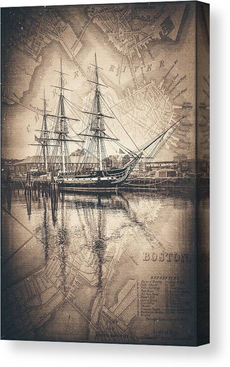 Uss Constitution Canvas Print featuring the photograph USS Constitution Navy Yard Boston With Vintage Map Nostalgic Sepia by Carol Japp