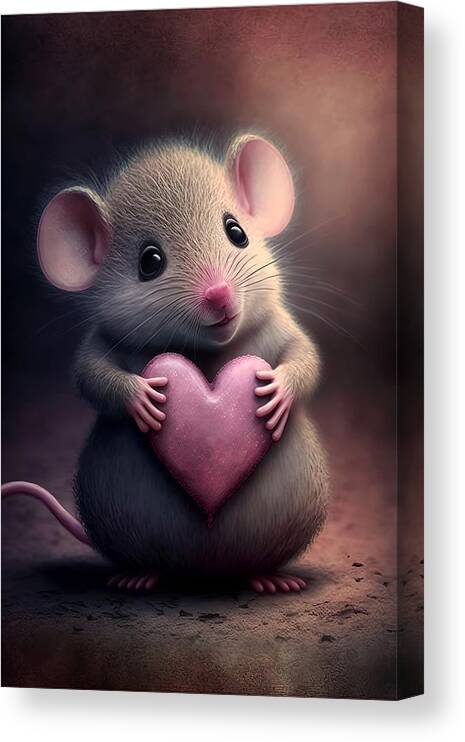 Mouse With Heart Canvas Print featuring the mixed media Valentine Mouse 0 by Lilia S