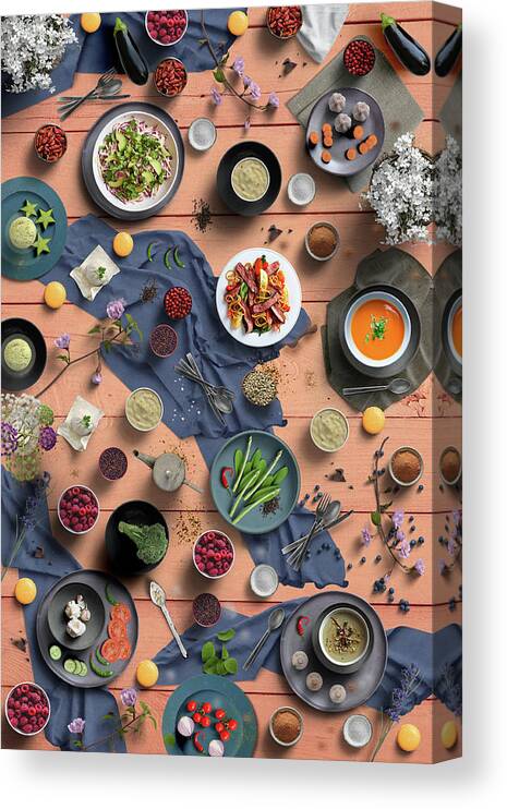 Dinner Canvas Print featuring the photograph Welcome To My Colorful Flowerful And Delicious Spring Dinner by Johanna Hurmerinta