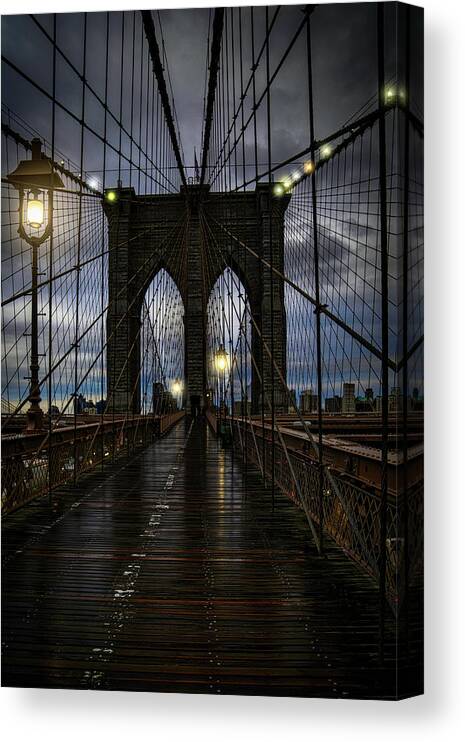 Streetlights Canvas Print featuring the photograph Wet Day On The Brooklyn Bridge by Chris Lord
