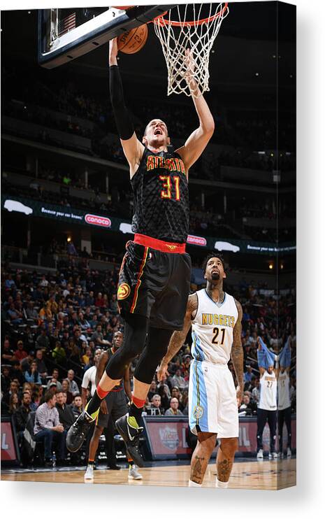 Mike Muscala Canvas Print featuring the photograph Wilson Chandler and Mike Muscala by Garrett Ellwood