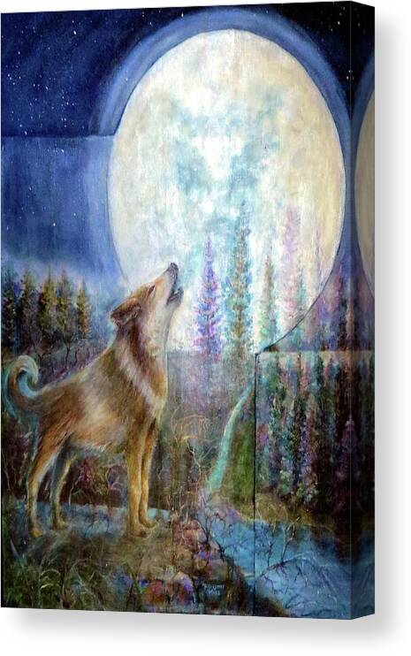 Wolf Canvas Print featuring the painting Wolf Howling and Full Moon by Bernadette Krupa