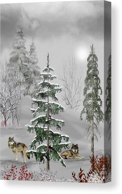 Wolf Canvas Print featuring the mixed media Wolves In The Winter Forest Color by David Dehner