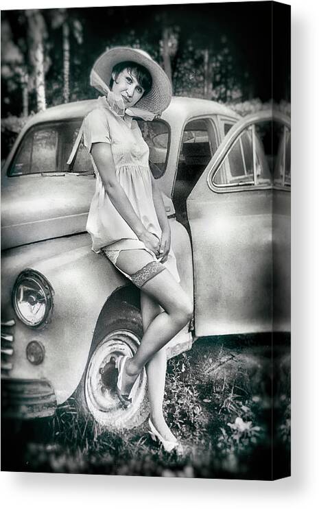 #instagram #retro #car #auto #glamour #edgalagand #galagan #handkerchief #edwardgalagan #eduardgalagan #netherlands #dutch #holland #fashion #pinup #vintage #garters #nederland #artphotography #nylon #nylons #nylongirl #stocking #stockings #pantyhose #tights #kous #hat #pinups #pinupmodel Canvas Print featuring the digital art Woman and Car by Edward Galagan