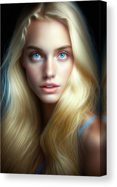 Woman Canvas Print featuring the digital art Woman Portrait 25 Blonde Hair Blue Eyes by Matthias Hauser