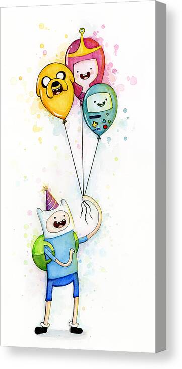 Jake Canvas Print featuring the painting Adventure Time Finn with Birthday Balloons Jake Princess Bubblegum BMO by Olga Shvartsur