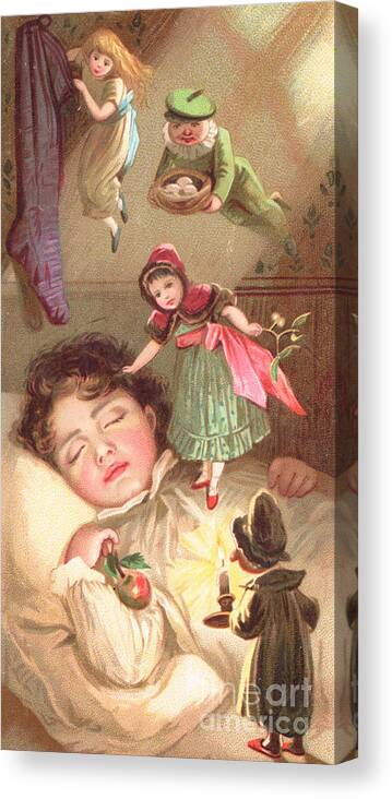 Greetings Canvas Print featuring the painting Elves Delivering Christmas Gifts by English School