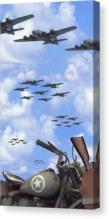 Ww2 Canvas Print featuring the photograph Indian 841 and the B-17 Panoramic by Mike McGlothlen