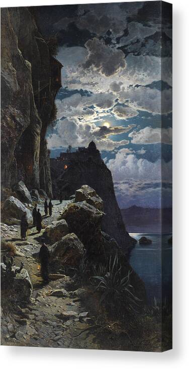 Hermann Corrodi Canvas Print featuring the painting Passage of the monks to Mount Athos monastery by Celestial Images