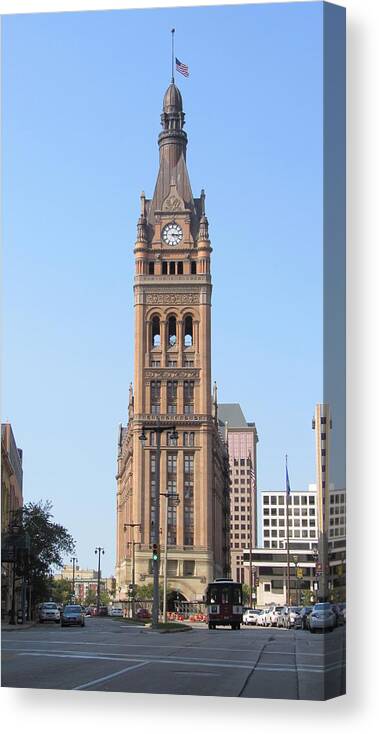 Milwaukee Canvas Print featuring the photograph City Hall and Trolley by Anita Burgermeister