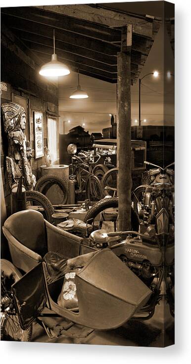 Motorcycle Shop Canvas Print featuring the photograph The Motorcycle Shop by Mike McGlothlen