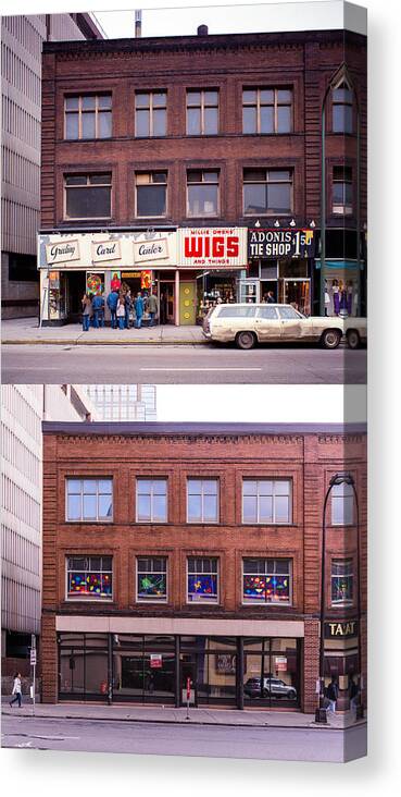 Downtown_printed Canvas Print featuring the photograph Something's going on at the Greeting Card Center. #1 by Mike Evangelist