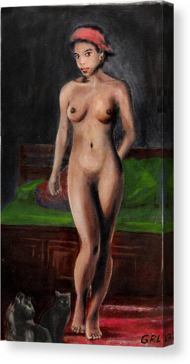 Original Canvas Print featuring the painting Fine Art Female Nude Standing With Cats by G Linsenmayer