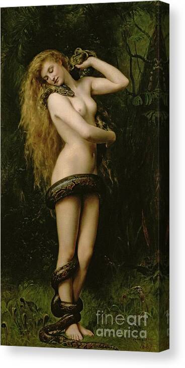 Nude; Female; Snake; Long Hair; Pre-raphaelite; Lilith Canvas Print featuring the painting Lilith by John Collier