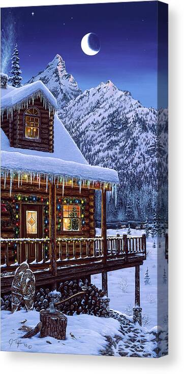 A Log Cabin Canvas Print featuring the painting Mountain Home Christmas by Jeff Tift