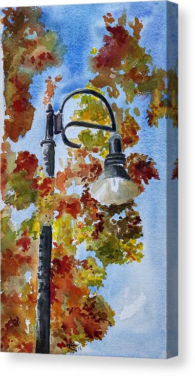Lamp Canvas Print featuring the painting The street lamp in Autumn by Geeta Yerra