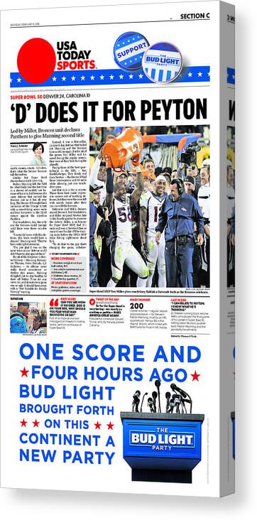 Usa Today Canvas Print featuring the digital art 2016 Broncos vs. Panthers USA TODAY SPORTS SECTION FRONT by Gannett