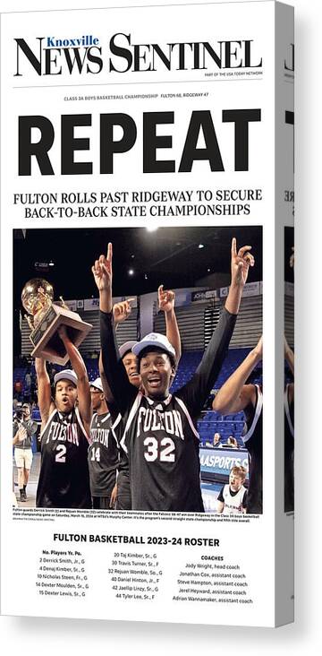 Tennessee Canvas Print featuring the digital art 2024 Tennessee Class 3A Boys Basketball State Championship Cover by Knoxville News Sentinel